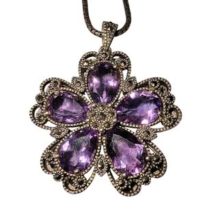 Vintage Style Amethyst, Marcasite And Sterling Silver Flower Pendant Necklace